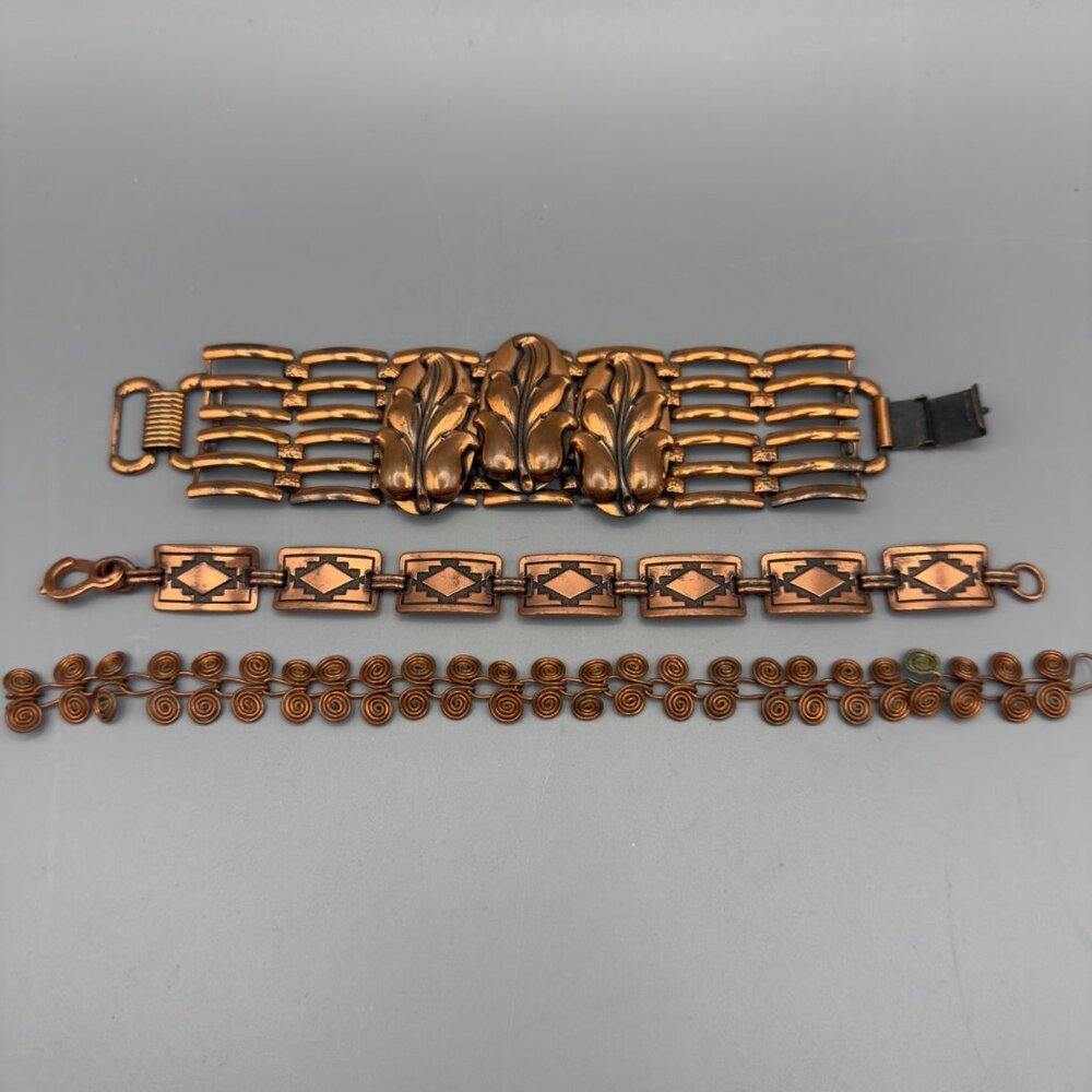 Vintage Copper Link Bracelets Geometric Leaf Wire Designs Set Of 3